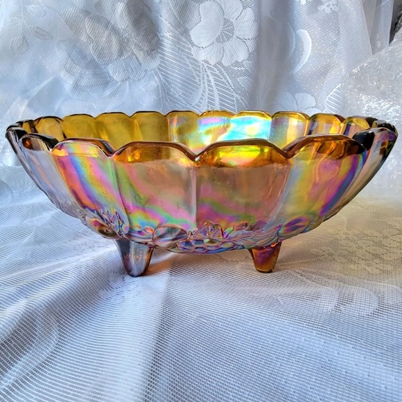 Indiana Glass Other - Vintage Carnival Glass Marigold Yellow Footed Fruit Bowl Large Centerpiece MCM